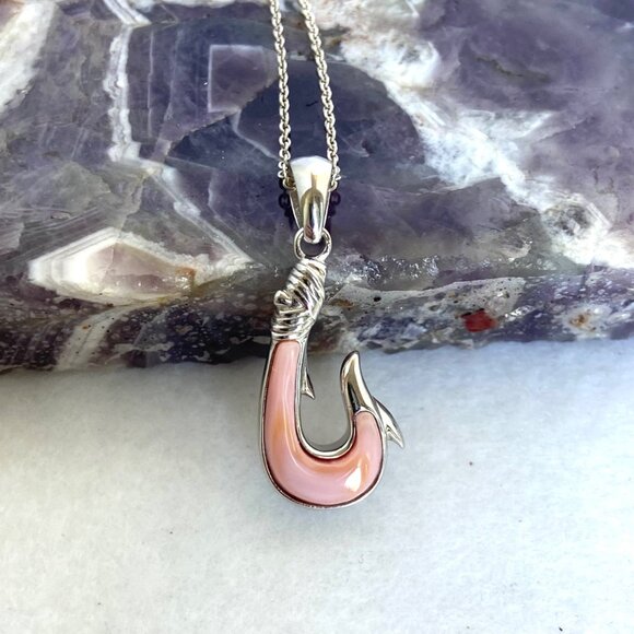Sterling Silver 925 Pink Conch Maui Fish Hook Pendant Necklace 18" Cable Chain - Picture 4 of 16